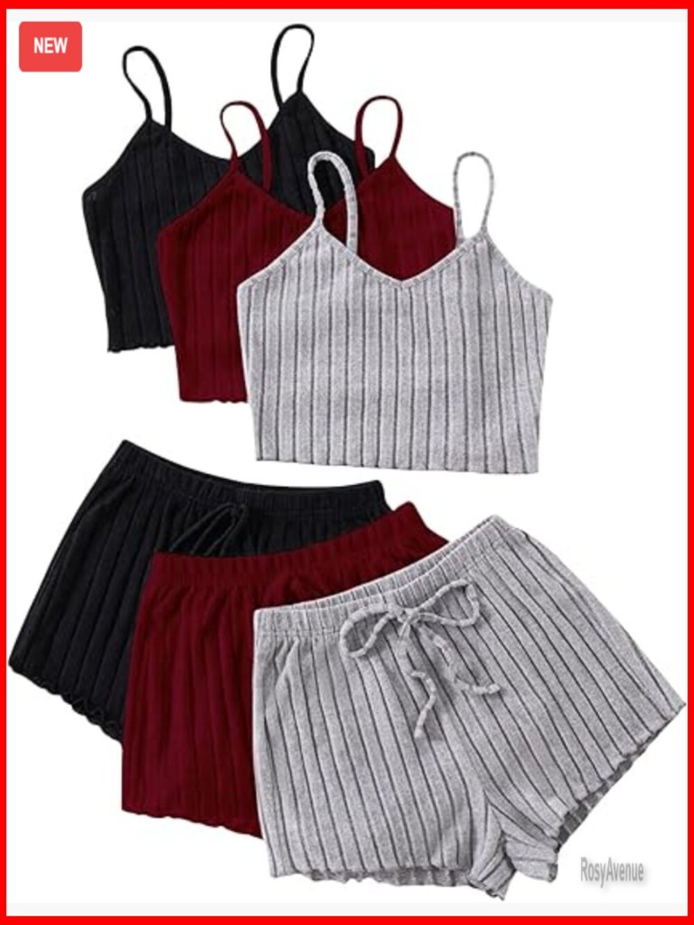 Women's 6pc Ribbed Pajama Set – Cami Crop Top & Shorts Lounge Set